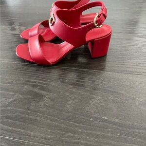 Salvatore Ferragamo Red Heeled Sandals with Gold Accents